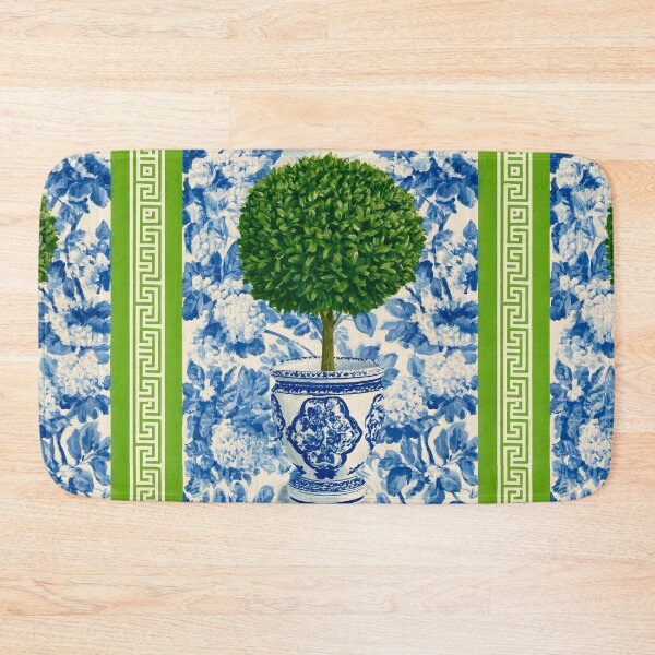 Item preview, Grandmillennial art, Topiary in a blue and white ginger jar, green Greek key and white and blue toile designed and sold by SophieClimaArt.