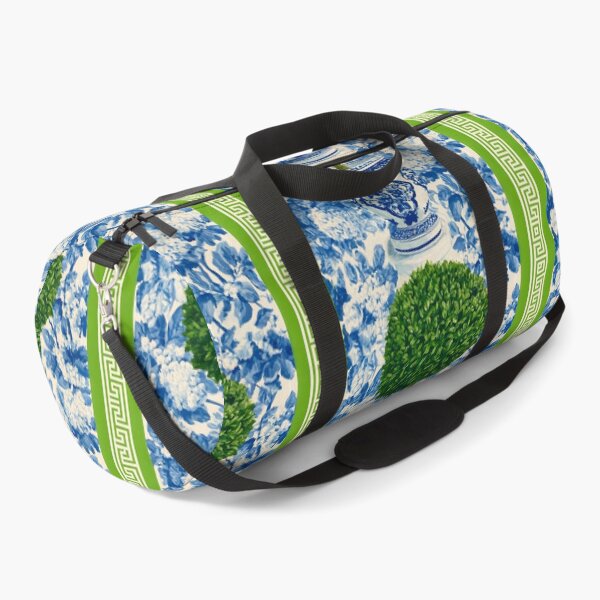 Item preview, Grandmillennial art, Topiary in a blue and white ginger jar, green Greek key and white and blue toile designed and sold by SophieClimaArt.