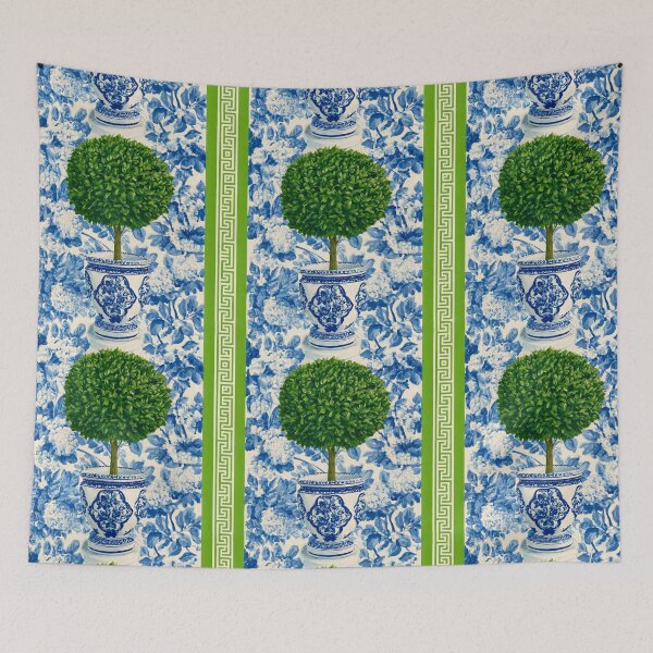 Item preview, Grandmillennial art, Topiary in a blue and white ginger jar, green Greek key and white and blue toile designed and sold by SophieClimaArt.