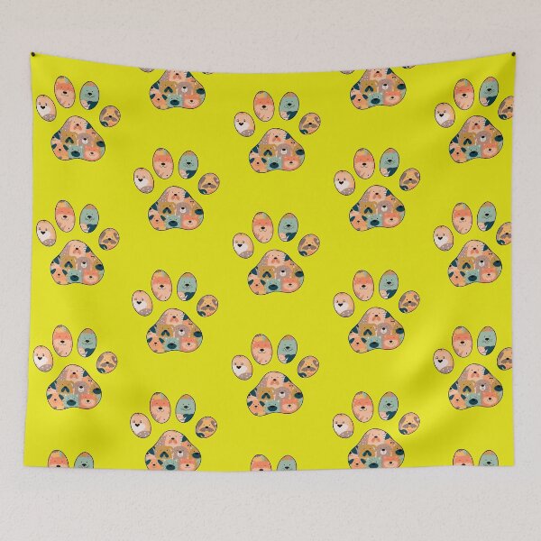 Item preview, Puppy Love Paw Print with Cartoon Dog Faces Yellow designed and sold by InkyCorvid.