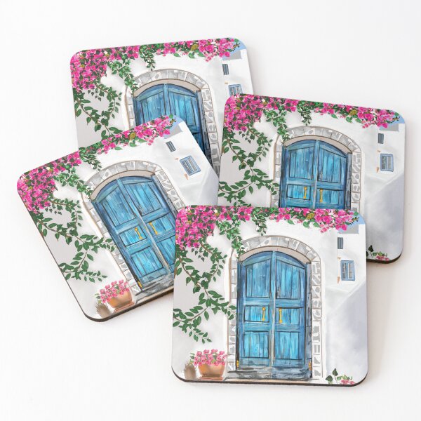 Item preview, Greek Blue Door with Pink Bougainvillea  designed and sold by Cobalt & Stone Art.