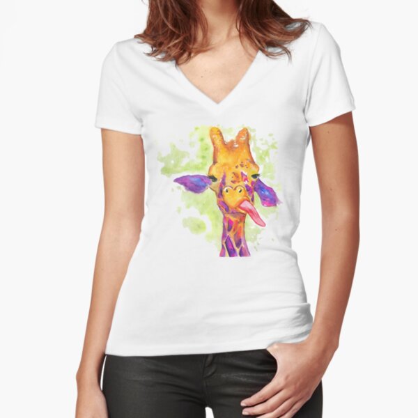 Watercolor Giraffe with Attitude Fitted V-Neck T-Shirt