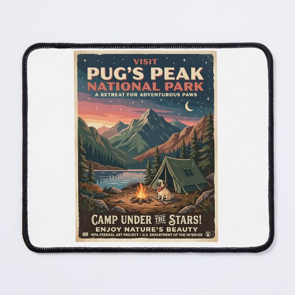 Item preview, Pug Camping Vintage Travel Poster designed and sold by PictoVibe.