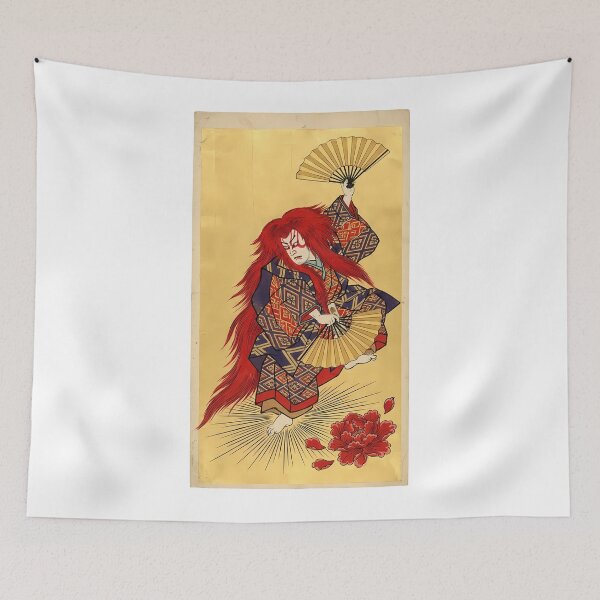 Item preview, Red Kabuki Lion Dance with Golden Fans designed and sold by TokyoUkiyoHouse.