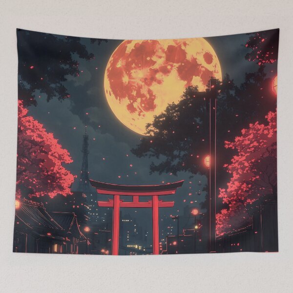 Item preview, Japanese Landscape Neon Torii Gate Full Moon Sakura designed and sold by mildaclairmo.