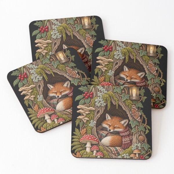 Item preview, Cozy Embroidered Fox in Hollow Tree – Woodland Cottagecore Forest Art designed and sold by Emoji Emblems.