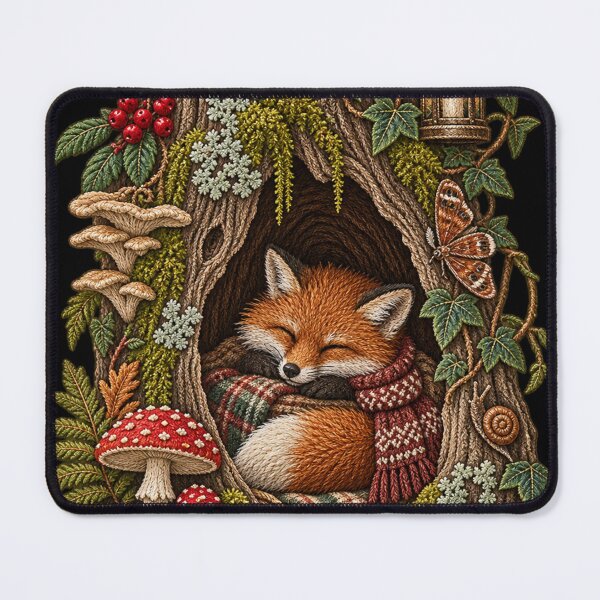 Item preview, Cozy Embroidered Fox in Hollow Tree – Woodland Cottagecore Forest Art designed and sold by Emoji Emblems.