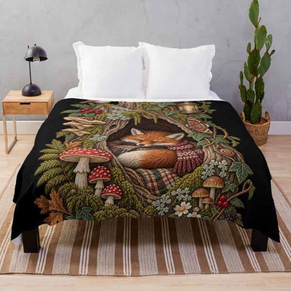 Item preview, Cozy Embroidered Fox in Hollow Tree – Woodland Cottagecore Forest Art designed and sold by Emoji Emblems.