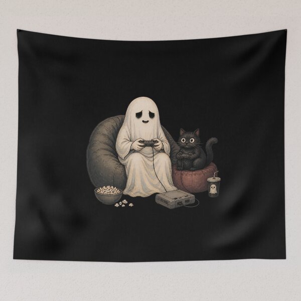Item preview, Funny ghost and cat gaming on couch designed and sold by leocreatives.