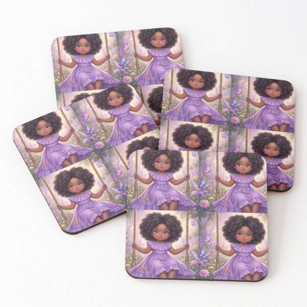 Aperçu de l'œuvre Peinture numérique fantaisiste représentant une jeune fille noire aux cheveux afro, vêtue d'une robe violette, sur une balançoire entourée de papillons. créée et vendue par TheModernMuslimahchibi&more .