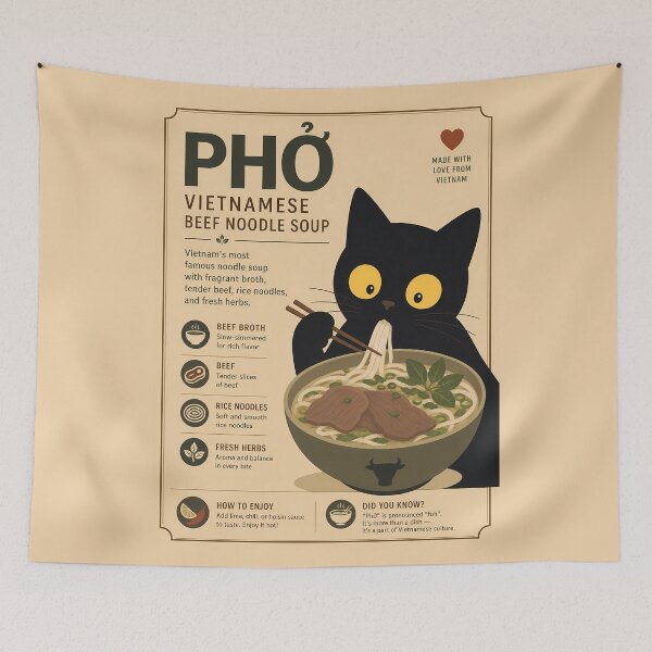 Item preview, Cute Black Cat Eating Pho - Vintage Vietnamese Noodle Soup designed and sold by PurrfectHome.