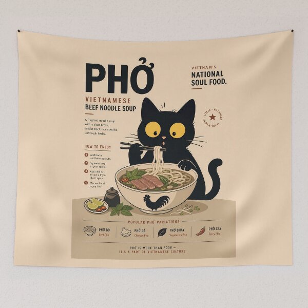 Item preview,  Black Cat Eating Pho - Vietnamese Noodle Soup Funny Infographic designed and sold by PurrfectHome.