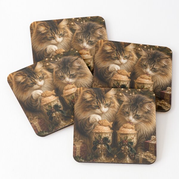 Item preview, Curious Norwegian Forest Cats Enjoy Christmas Salmon Treats designed and sold by DeenaDee.