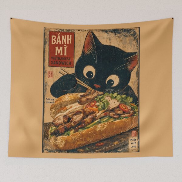 Item preview, Black Cat Eating Banh Mi - Retro Foodie Funny Vintage Art designed and sold by PurrfectHome.