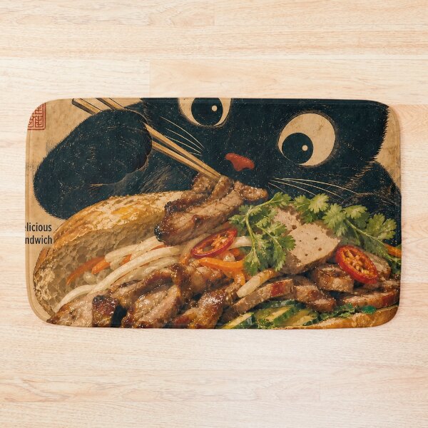 Item preview, Black Cat Eating Banh Mi - Retro Foodie Funny Vintage Art designed and sold by PurrfectHome.