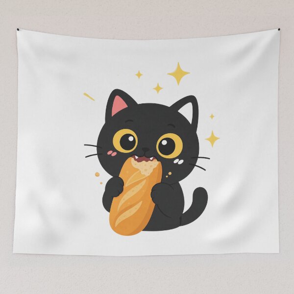 Item preview, Kawaii Black Cat Eating Bread Banh Mi designed and sold by PurrfectHome.