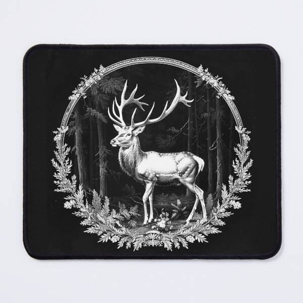 Item preview, Majestic Stag in Dark Forest Floral Wreath Black and White Wildlife Art Design designed and sold by inkoutninja.