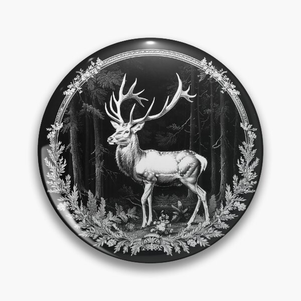 Item preview, Majestic Stag in Dark Forest Floral Wreath Black and White Wildlife Art Design designed and sold by inkoutninja.