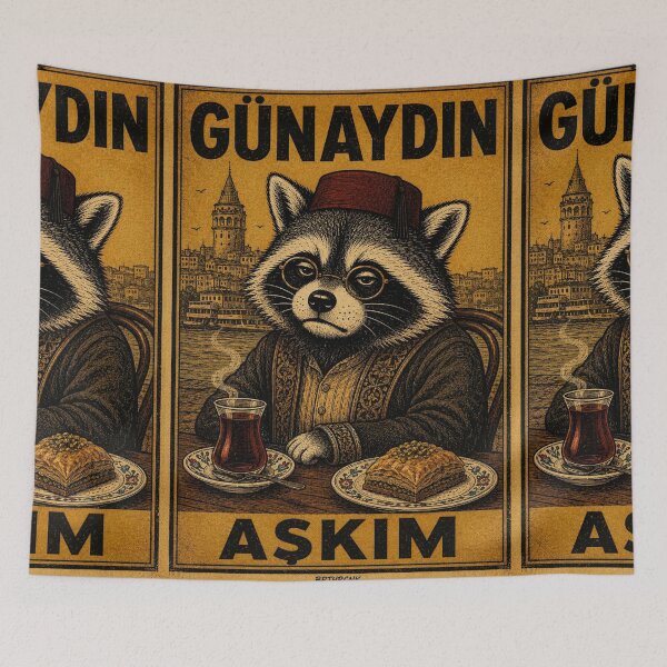 Item preview, Gunaydin Askim - Raccoon in Fez with Turkish Tea and Baklava Vintage Poster designed and sold by BRTHRCNK01.