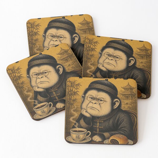 Item preview, Zao Shang Hao Wo De Ai - Monkey in Tang Suit with Tea and Red Bean Bun Vintage Poster designed and sold by BRTHRCNK01.