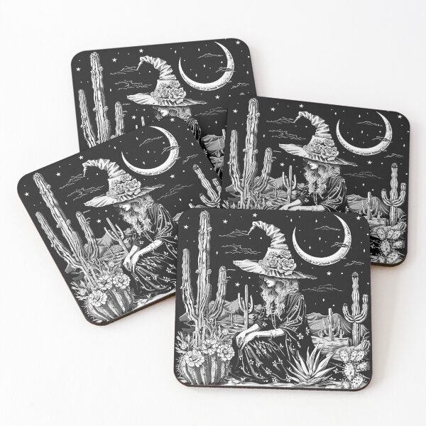 Item preview, Desert Witch Under Crescent Moon Gothic Western Cactus Floral Art Design designed and sold by inkoutninja.