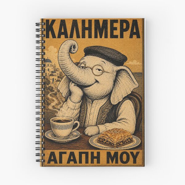 Item preview, Kalimera Agapi Mou - Elephant with Coffee and Baklava Santorini Vintage Poster designed and sold by BRTHRCNK01.