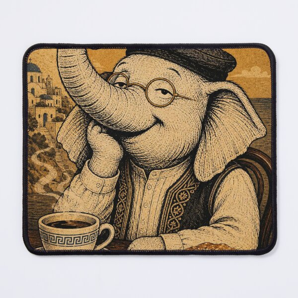 Item preview, Kalimera Agapi Mou - Elephant with Coffee and Baklava Santorini Vintage Poster designed and sold by BRTHRCNK01.