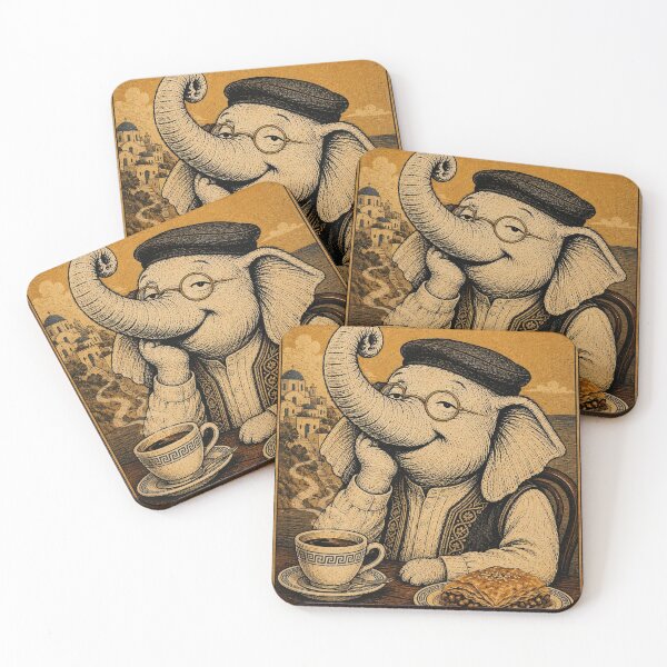 Item preview, Kalimera Agapi Mou - Elephant with Coffee and Baklava Santorini Vintage Poster designed and sold by BRTHRCNK01.