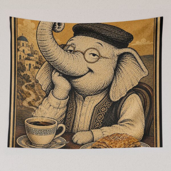 Item preview, Kalimera Agapi Mou - Elephant with Coffee and Baklava Santorini Vintage Poster designed and sold by BRTHRCNK01.