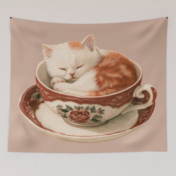 Item preview, Sleepy Little Tea Cat designed and sold by bubblyrainbow.