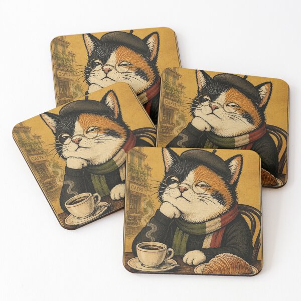 Item preview, Buongiorno Amore Mio - Cat in Beret with Coffee and Cornetto Vintage Poster designed and sold by BRTHRCNK01.