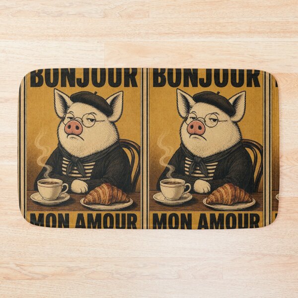 Item preview, Bonjour Mon Amour - Pig in Beret with Coffee and Croissant Vintage Poster •   designed and sold by BRTHRCNK01.