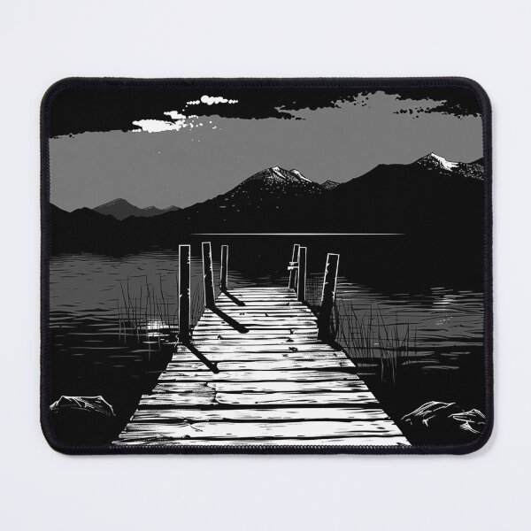 Item preview, Mountain Lake Dock Black and White Scenic Wilderness Landscape Art Design designed and sold by inkoutninja.