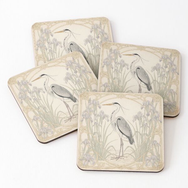 Item preview, Art Nouveau Heron Among Iris Flowers in Gold designed and sold by PictorialWhimsy.