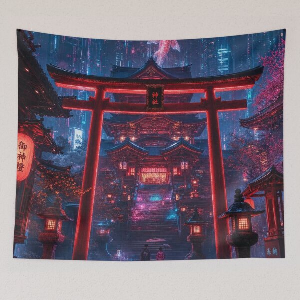 Item preview, Cyberpunk Japanese Shrine – Neon Torii Gate & Futuristic Koi designed and sold by vekotpu.