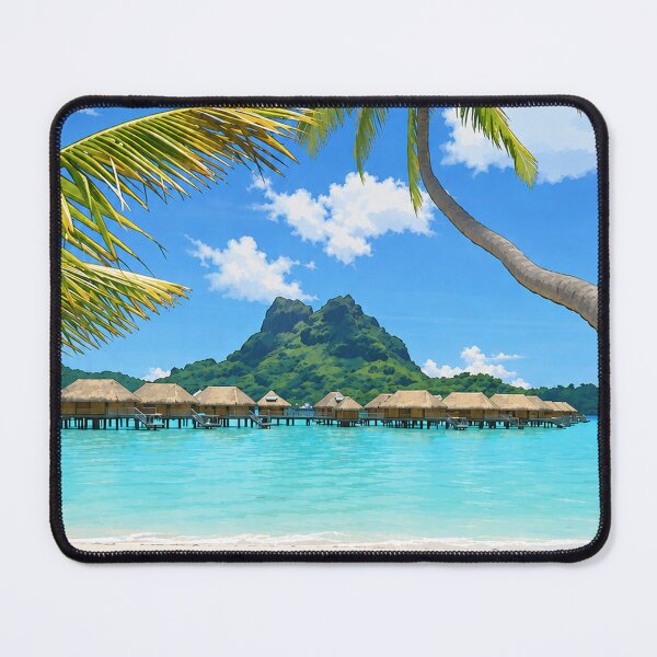 Item preview, Bora Bora Tropical Beach Cartoon Print — Palm Trees and Turquoise Lagoon, French Polynesia designed and sold by IsleAmore.