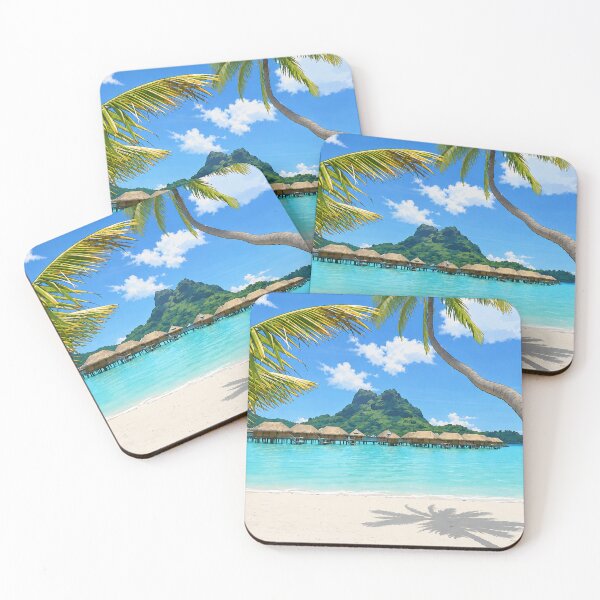 Item preview, Bora Bora Tropical Beach Cartoon Print — Palm Trees and Turquoise Lagoon, French Polynesia designed and sold by IsleAmore.