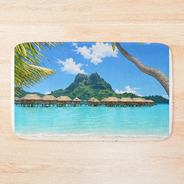 Item preview, Bora Bora Tropical Beach Cartoon Print — Palm Trees and Turquoise Lagoon, French Polynesia designed and sold by IsleAmore.