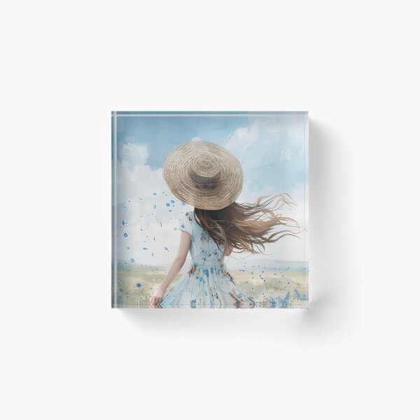 Item preview, ​Girl in a Sunflower and Cornflower Field with Straw Hat designed and sold by SilentFlower.