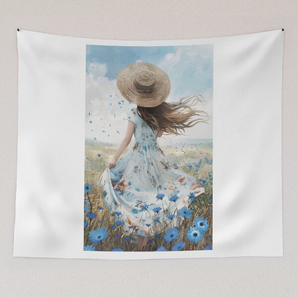 Item preview, ​Girl in a Sunflower and Cornflower Field with Straw Hat designed and sold by SilentFlower.