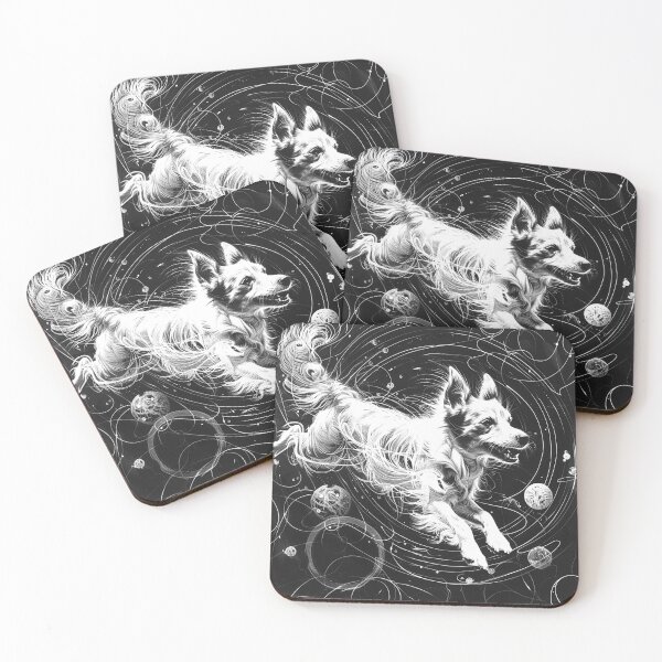 Item preview, Cosmic Running Dog Orbit Space Black and White Surreal Pet Art Design designed and sold by inkoutninja.