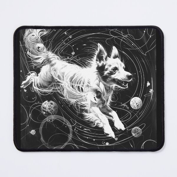 Item preview, Cosmic Running Dog Orbit Space Black and White Surreal Pet Art Design designed and sold by inkoutninja.
