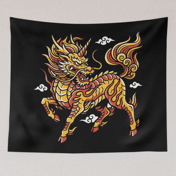 Artikelvorschau, Japanisches Kirin-Mythostier Qilin-Drache Feuer Asiatische Tattoo-Ästhetik entworfen und verkauft von mood-draftsman.