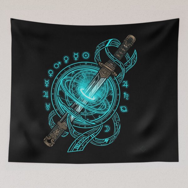 Item preview, Cyberpunk Katana Sword Alchemy Astrolabe Neon Cyan Blade Aesthetic designed and sold by mood-draftsman.