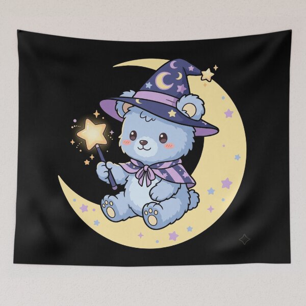 Item preview, Cute Kawaii Wizard Teddy Bear Crescent Moon Magic Wand Pastel Aesthetic designed and sold by mood-draftsman.