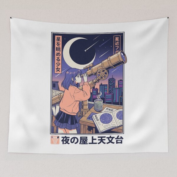 Item preview, Retro 90s Anime Girl Stargazing Rooftop Telescope Lofi City Aesthetic designed and sold by mood-draftsman.