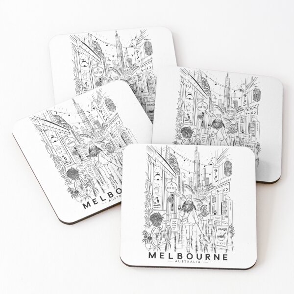 Item preview, Melbourne Australia Street Coffee Ramen Laneway Girl Walking Dachshund Dog Line Art designed and sold by Yellowriversss.