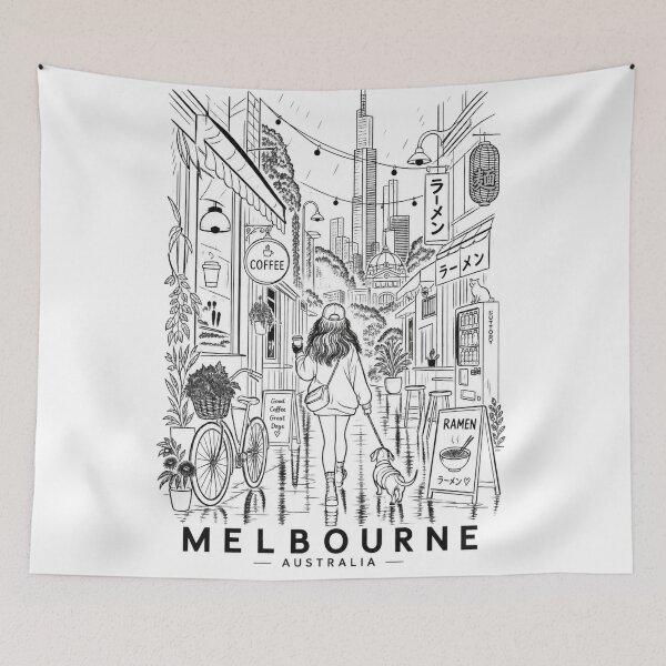 Item preview, Melbourne Australia Street Coffee Ramen Laneway Girl Walking Dachshund Dog Line Art designed and sold by Yellowriversss.