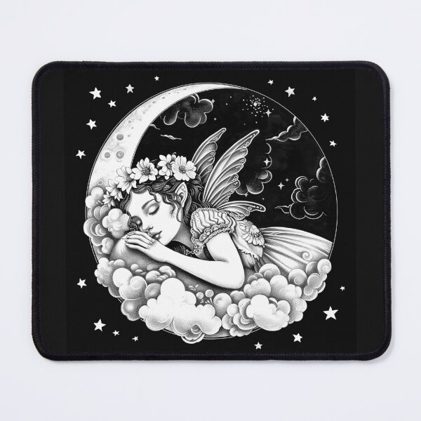 Item preview, Sleeping Fairy on Crescent Moon Celestial Dream Black and White Fantasy Art designed and sold by inkoutninja.