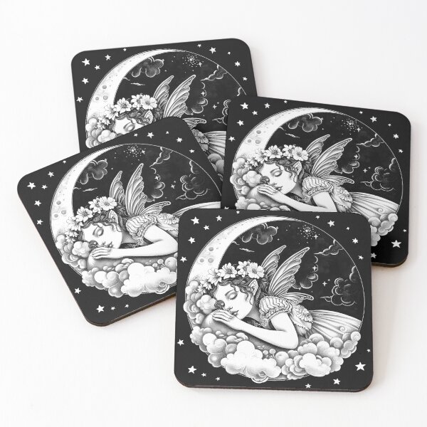 Item preview, Sleeping Fairy on Crescent Moon Celestial Dream Black and White Fantasy Art designed and sold by inkoutninja.